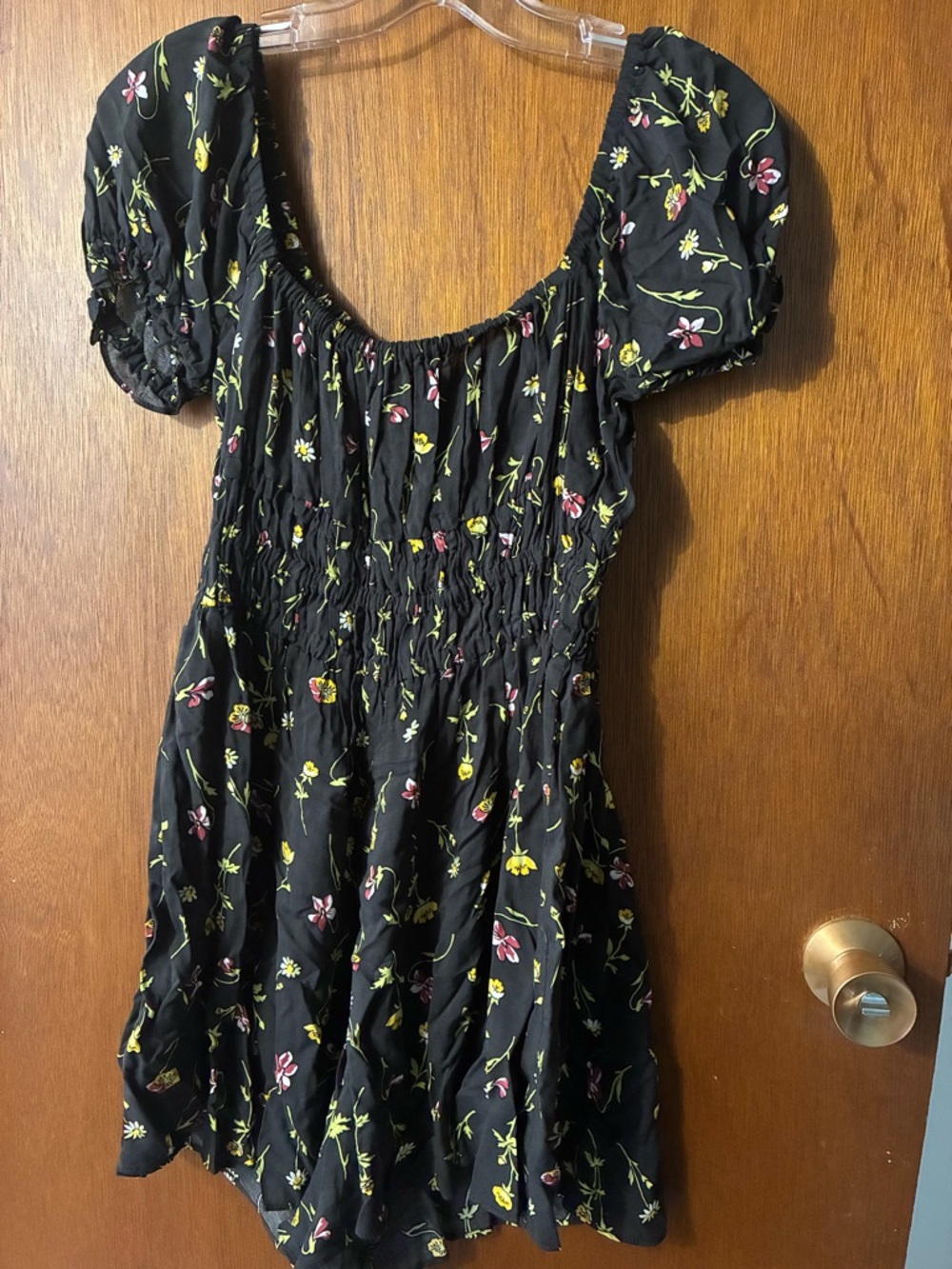 Black Floral Puff Sleeve Smocked short romper